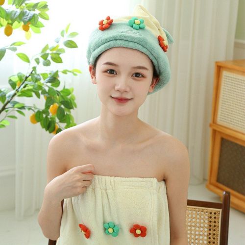 Hair-drying Cap Thick Coral Fleece Embroidery Flower Shower Cap Bath Towel Hair Band Strong Absorbent Bath Skirt Set