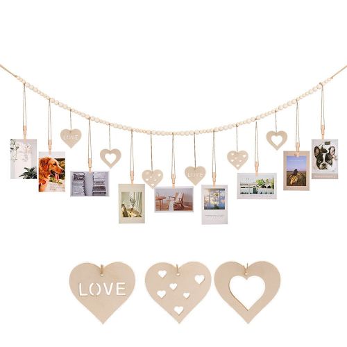 Home Decoration Photo Display Belt, Wooden Bead Chain, Photo Storage Hemp Rope String Beads Clip